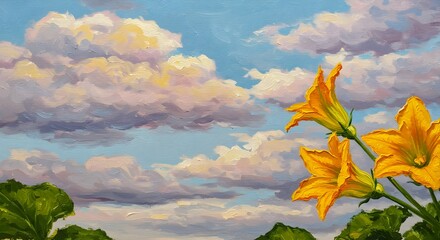 Oil painting of vibrant yellow squash blossoms against a cloudy sky