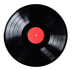 Obraz premium Black vinyl record with red label on white background, showcasing classic music nostalgia