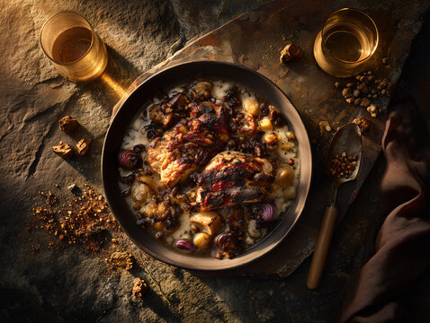 Chicken and Mushroom Stew on a Rustic Stone Surface