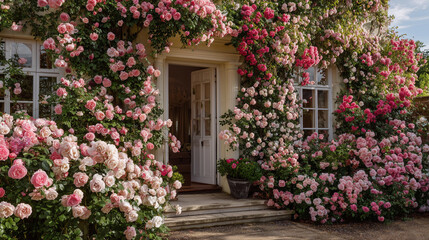 A stunning rose wall blooms with rare, exquisite varieties, creating a romantic, regal atmosphere like a secret garden in summer splendor.