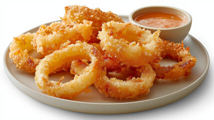 plate of fried onion rings and sauce isolated on white background 