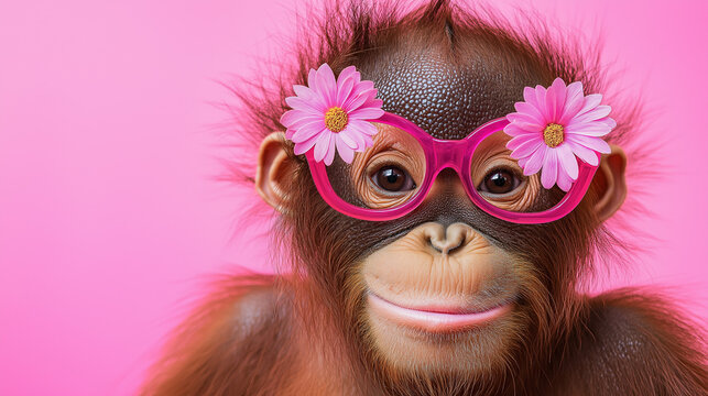 Portrait of a fun orangutan Big sunglasses shaped like pink flowers With a bright pink background