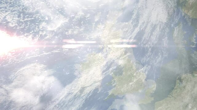 Earth zoom in from space and focus on Ballymoney, Northern Ireland, Antrim, Great Britain. Background for travel intro or blog. Satellite view. 3D style Animation. Images from NASA.