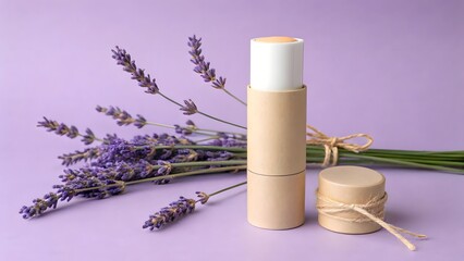 Eco-Friendly Cardboard Lip Balm Tube with Lavender on Purple Background