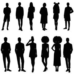 Vector silhouettes man and women, illustration. Silhouettes of young people posing in fashionable clothes. Transparent PNG version.