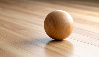 Polished wooden sphere rests elegantly on smooth wooden surface, showcasing its natural grain and texture. warm tones of wood create serene and inviting atmosphere