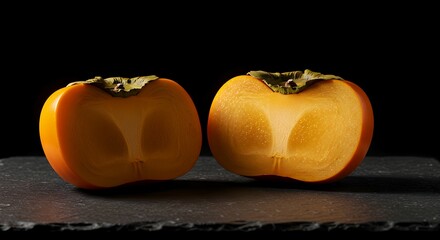 Two Halved Persimmons on Dark Slate, Dramatic Lighting
