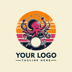 A cartoon octopus joyfully playing a drum set against a sunset backdrop.