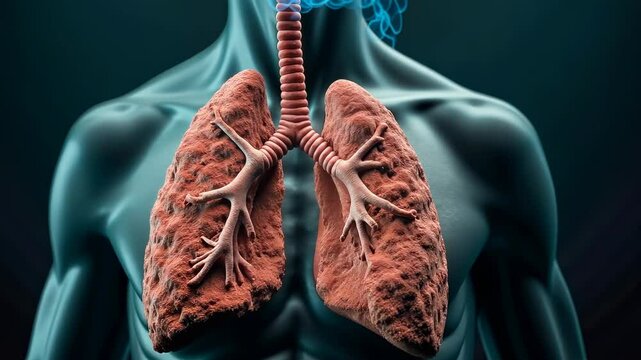 Lung smoking, respiratory damage, cancer risk. Health deterioration. Alveoli destroy with toxic fumes. Cells mutate during cigarette exposure. Airways inflammation impedes breathing efficiency.