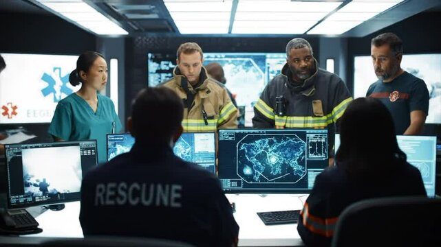 First responders, including firefighters and medical staff, gather around multiple screens in a command center, strategizing for a critical rescue mission. Tension fills the air as they analyze data
