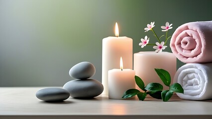 Image is a serene and calming still life photograph featuring a minimalist layout. In the foreground, there are three smooth, gray stones of varying sizes placed on a light wooden surface.