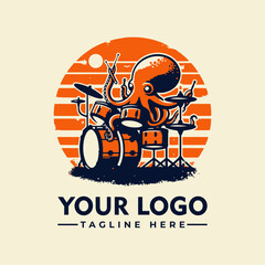 An octopus playing a drum set with a sunset background.