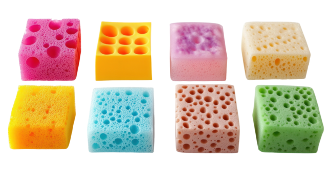 Colorful and Vibrant Sponges in Various Shapes and Sizes for Cleaning and Kitchen Use