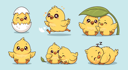 Cute cartoon baby chickens various poses