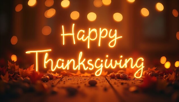 Happy Thanksgiving: Glowing Text with Autumn Leaves