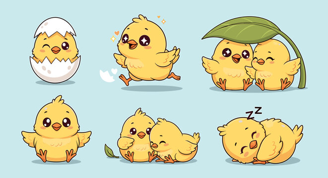 Cute cartoon baby chickens various poses