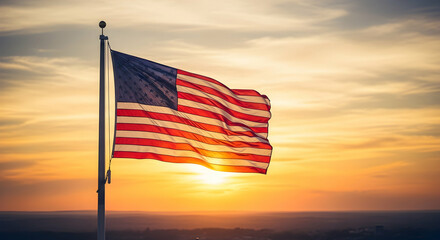 American flag at sunset majestically waving above horizon