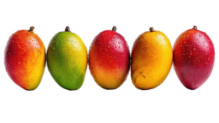 Vibrant Fresh Mangoes Displayed in a Row with Water Droplets on Surfaces