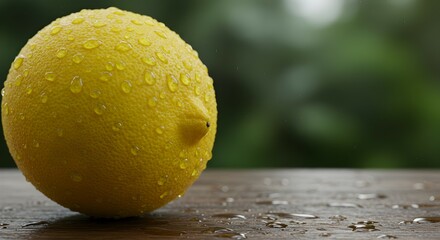 Vibrant Lemon with Water Droplets on Wooden Surface and Green Background