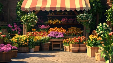 Charming flower and fruit stand overflowing with seasonal abundance