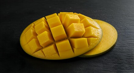 Vibrant Mango, Cubed and Sliced, on a Dark, Textured Surface, Close-Up