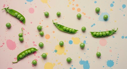Vibrant Pea Pods and Scattered Paint Splashes