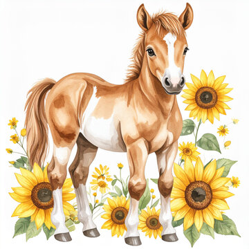 Cute animal and sunflower watercolor illustration_Horse