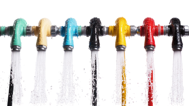 Colorful Water Spouts with Flowing Water from a Series of Pipes in a High-Quality Studio Setting