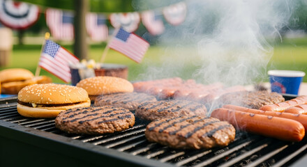 Outdoor barbecue grill with burgers and hot dogs