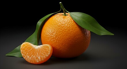 Vibrant tangerine with leaves and a juicy segment on a dark background