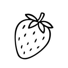 Minimalist hand-drawn doodle of a strawberry in black ink. Playful and naive summer sketch perfect for patterns, kids prints, recipe books, and branding.