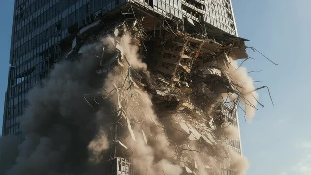 Dramatic Skyscraper Demolition: Controlled Implosion of Modern Building with Debris and Dust