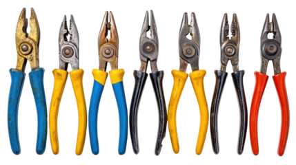 Close-Up of Vintage Pliers Collection in Various Colors for Craft and Tool Enthusiasts