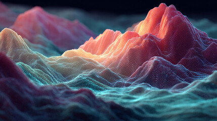 Glowing 3D abstract digital landscape with vibrant pink and blue particles forming dynamic waves and peaks against a dark background. Futuristic, high-tech, and visually captivating scene.


