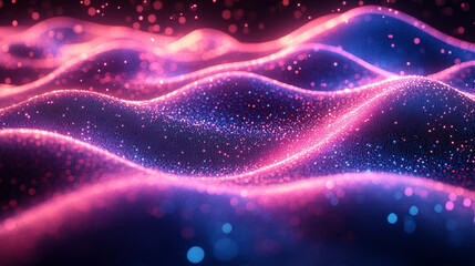 Obraz premium Glowing 3D abstract digital landscape with vibrant pink and blue particles forming dynamic waves and peaks against a dark background. Futuristic, high-tech, and visually captivating scene.