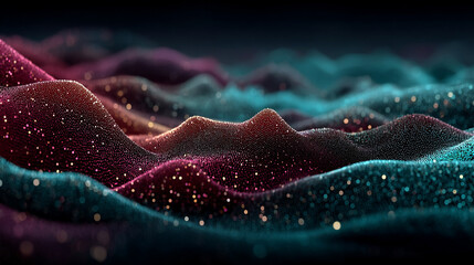 Glowing 3D abstract digital landscape with vibrant pink and blue particles forming dynamic waves and peaks against a dark background. Futuristic, high-tech, and visually captivating scene.

