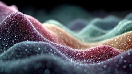 Glowing 3D abstract digital landscape with vibrant pink and blue particles forming dynamic waves and peaks against a dark background. Futuristic, high-tech, and visually captivating scene.

