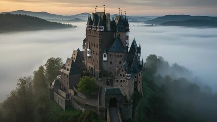 Eltz Castle in Germany rising above the fog in early morning aerial shot - Powered by Adobe