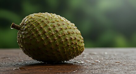 Wet Annona Fruit on Wooden Surface with Blurred Green Background