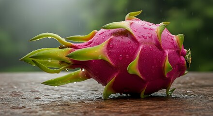 Wet Dragon Fruit on Wooden Surface with Raindrops and Green Foliage Backdrop