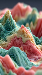 Glowing 3D abstract digital landscape with vibrant pink and blue particles forming dynamic waves and peaks against a dark background. Futuristic, high-tech, and visually captivating scene.

