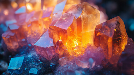 Iridescent bismuth crystal with geometric patterns and metallic rainbow hues—symbolizing complexity, order, and elemental beauty. Empty caption space on the side for design or text overlay.
