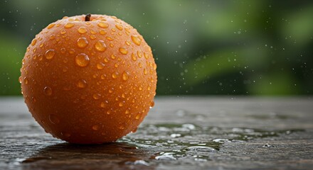 Wet orange with water droplets on wooden surface against blurred green background