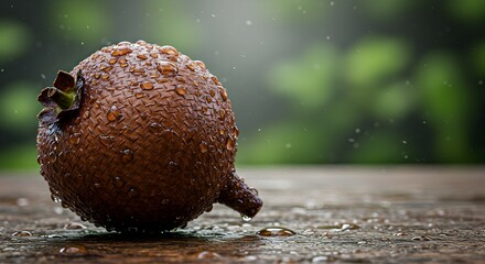 Wet Salak Fruit on Wood Surface with Raindrops and Green Background