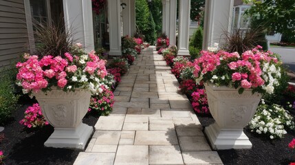Fototapeta premium Balanced entry design with flower pots on both sides of walkway and mulch beds enhancing appeal