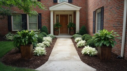 Naklejka premium Balanced entry design with flower pots on both sides of walkway and mulch beds enhancing appeal