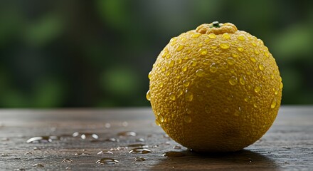 Wet Yuzu Fruit with Water Droplets on Wooden Surface, Close-Up
