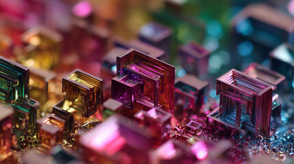 Iridescent bismuth crystal with geometric patterns and metallic rainbow hues—symbolizing complexity, order, and elemental beauty. Empty caption space on the side for design or text overlay.
