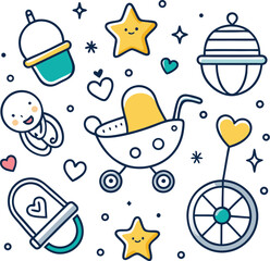 Baby Essentials: A whimsical illustration showcases a collection of baby-themed items, each meticulously designed with simplicity and charm.