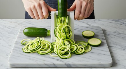Zucchini spirals being made with a spiralizer on a marble cutting board